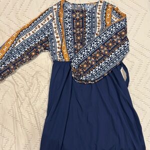 Bohemian Long Sleeve Dress with Patterned Top